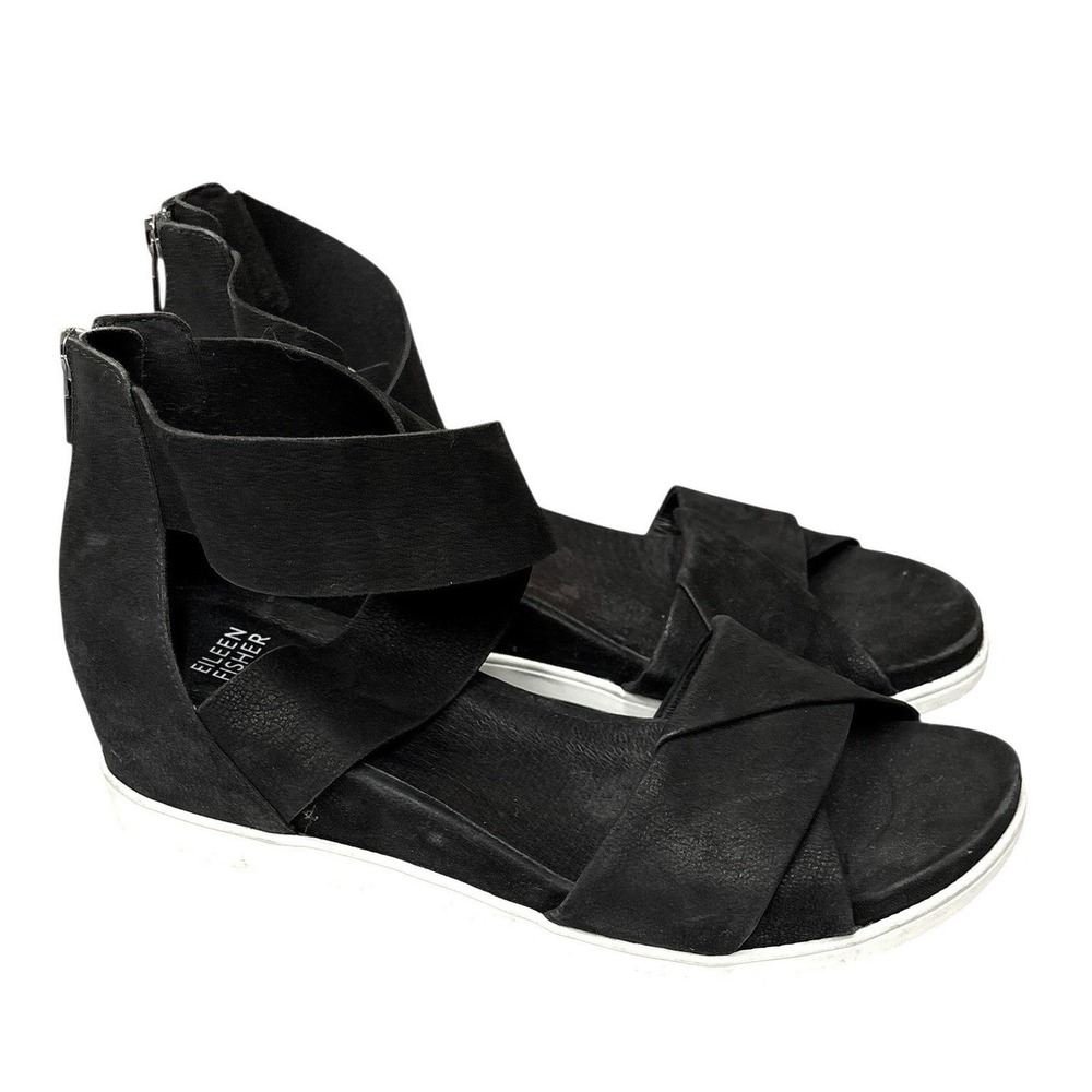 Eileen Fisher Viv Tumbled Black Nubuck Wedge Sandal Resort Travel Casual 9‎